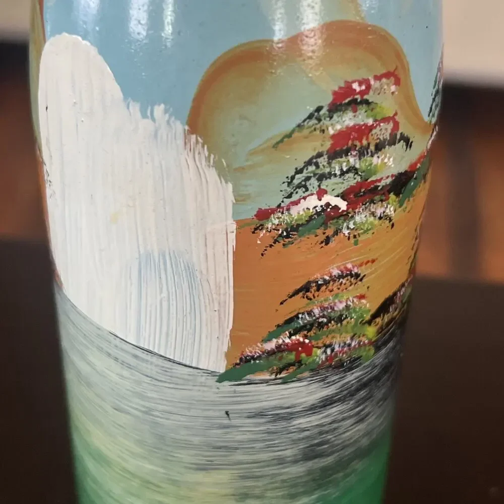 Hand Painted Glass Decorative Bottle Landscape Design Light Blue Green Bohemian